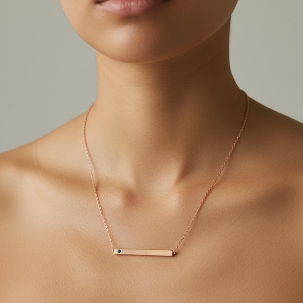 Elegant Rose Gold Bar Necklace With Blue Stone